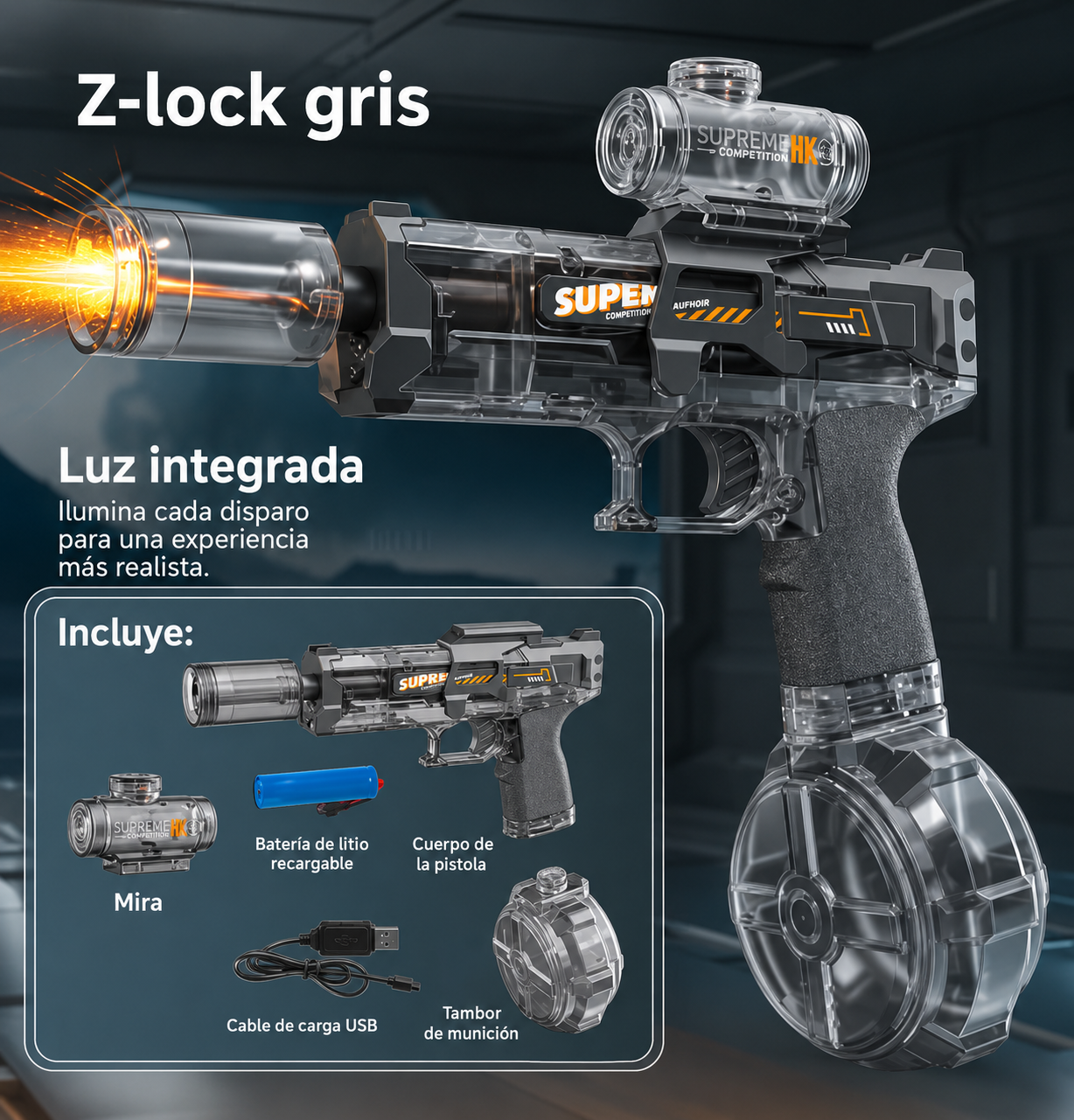 Pistola de Gel Eléctrica con Luz LED, Mira y Tambor de Alta Capacidad Recargable por USB